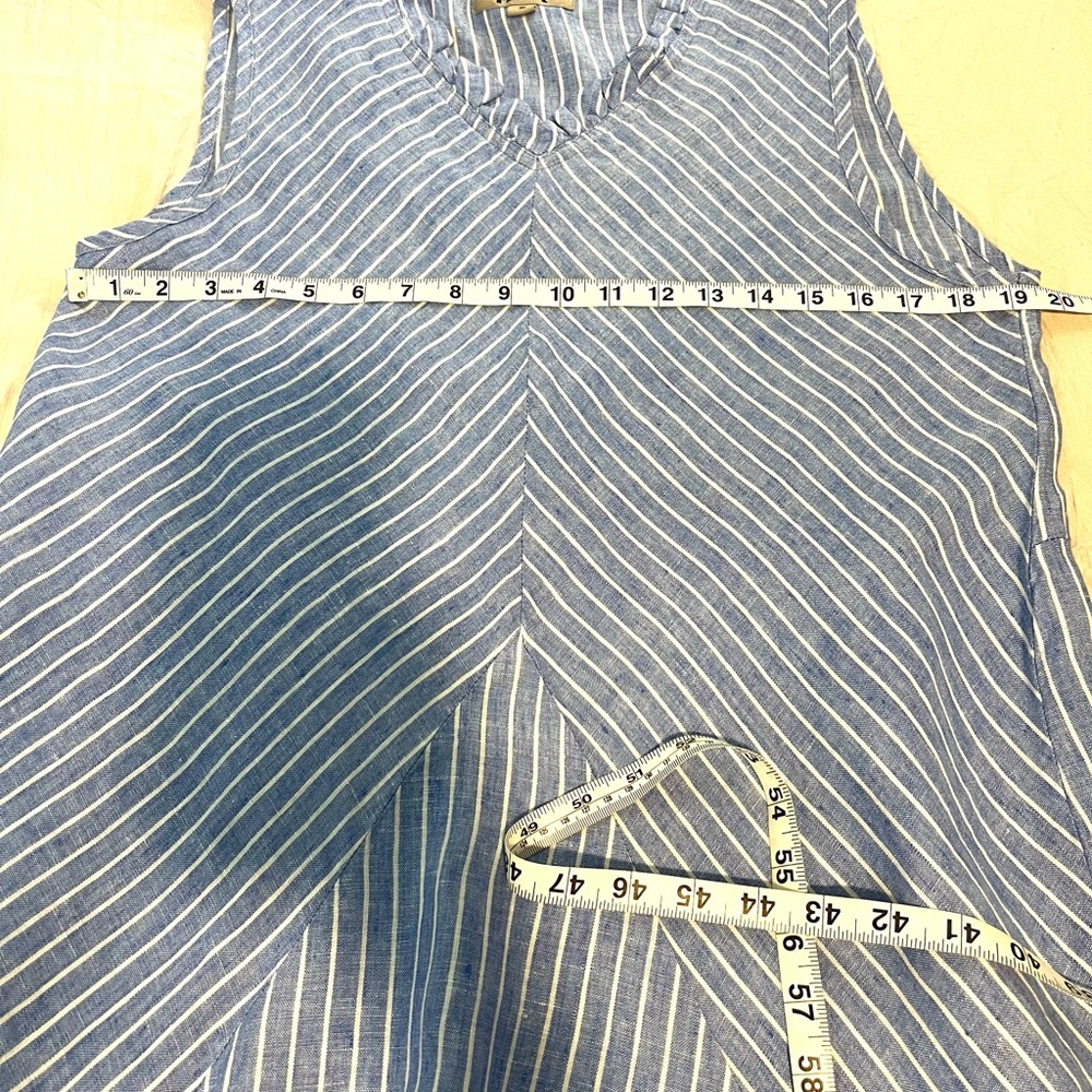Flax Blue and White Striped Ruffle Neck Line Linen Dress SZ S EUC - Picture 7 of 7